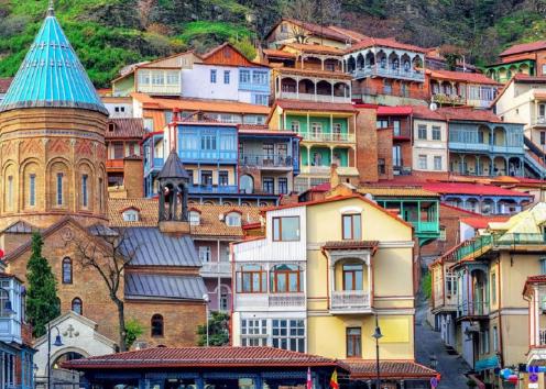 Pastel-colored buildings in the Old Town of Tbilisi, Georgia